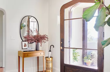 An entryway with minimal furniture, a large plant, and a printed rug that looks a little weathered